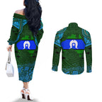 Torest Trait Islands Mix Aboriginal Pattern Couples Matching Off The Shoulder Long Sleeve Dress and Long Sleeve Button Shirt