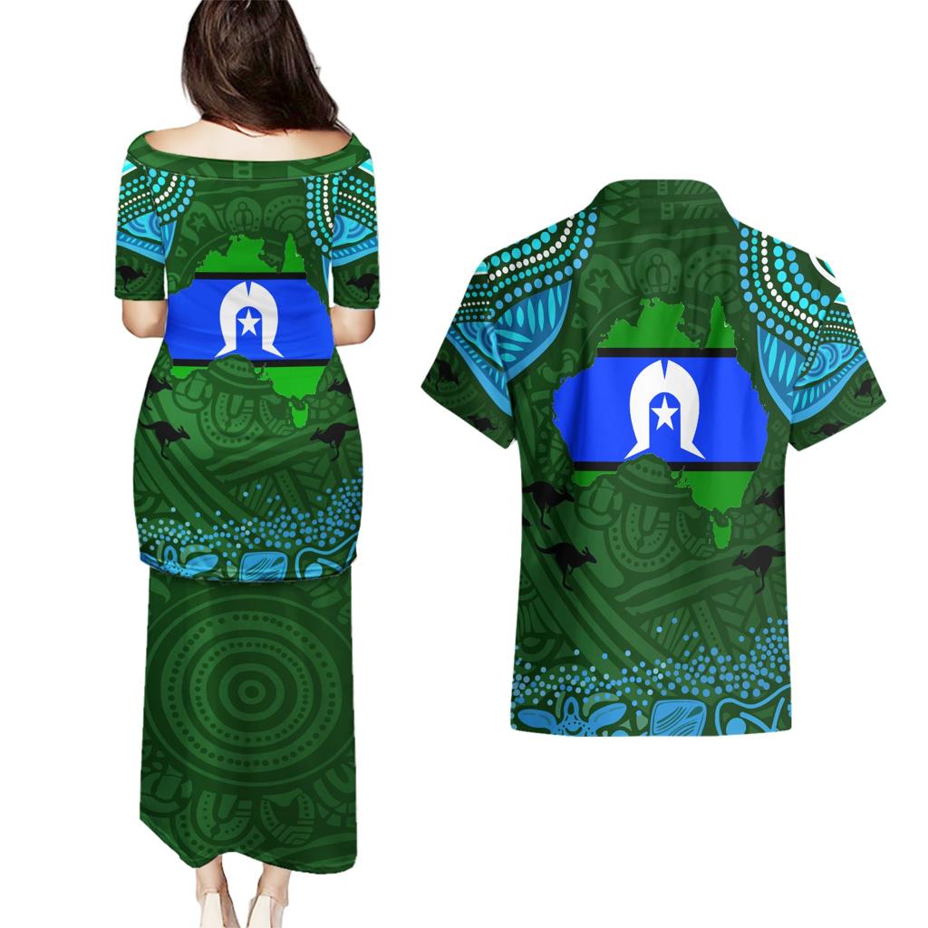 Torest Trait Islands Mix Aboriginal Pattern Couples Matching Puletasi and Hawaiian Shirt