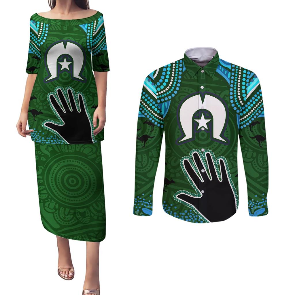 Torest Trait Islands Mix Aboriginal Pattern Couples Matching Puletasi and Long Sleeve Button Shirt