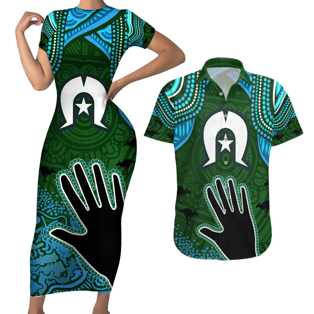 Torest Trait Islands Mix Aboriginal Pattern Couples Matching Short Sleeve Bodycon Dress and Hawaiian Shirt