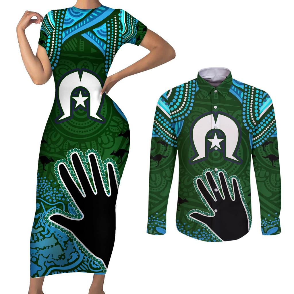 Torest Trait Islands Mix Aboriginal Pattern Couples Matching Short Sleeve Bodycon Dress and Long Sleeve Button Shirt