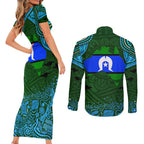Torest Trait Islands Mix Aboriginal Pattern Couples Matching Short Sleeve Bodycon Dress and Long Sleeve Button Shirt