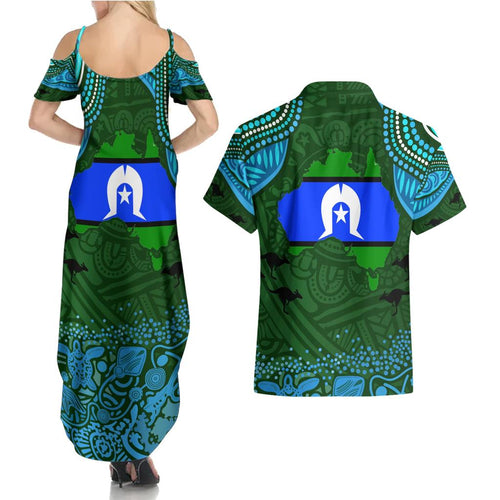 Torest Trait Islands Mix Aboriginal Pattern Couples Matching Summer Maxi Dress and Hawaiian Shirt