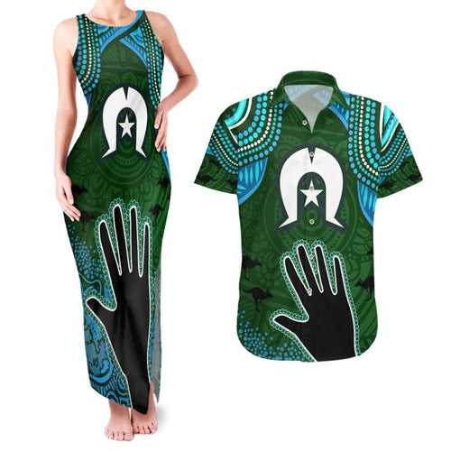 Torest Trait Islands Mix Aboriginal Pattern Couples Matching Tank Maxi Dress and Hawaiian Shirt