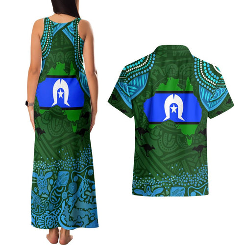Torest Trait Islands Mix Aboriginal Pattern Couples Matching Tank Maxi Dress and Hawaiian Shirt