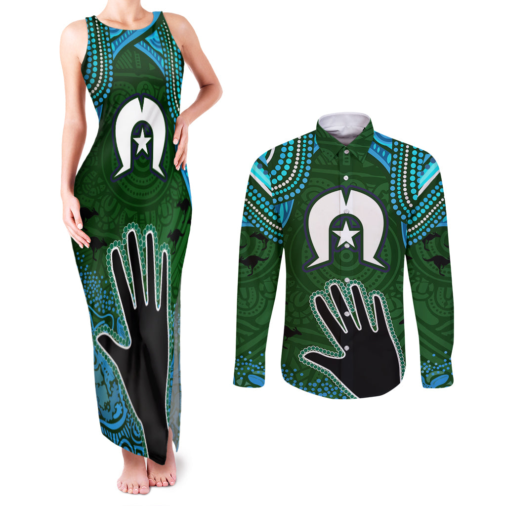 Torest Trait Islands Mix Aboriginal Pattern Couples Matching Tank Maxi Dress and Long Sleeve Button Shirt