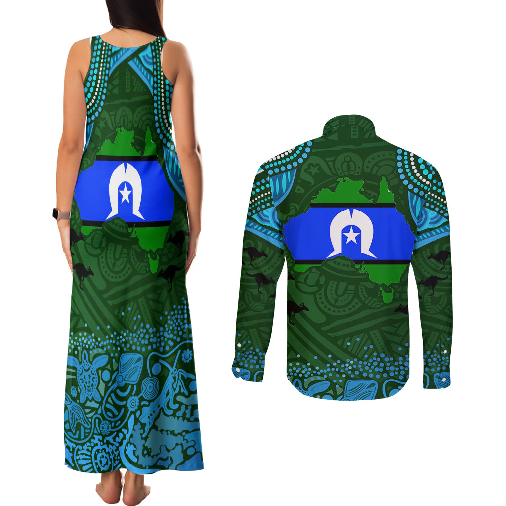 Torest Trait Islands Mix Aboriginal Pattern Couples Matching Tank Maxi Dress and Long Sleeve Button Shirt