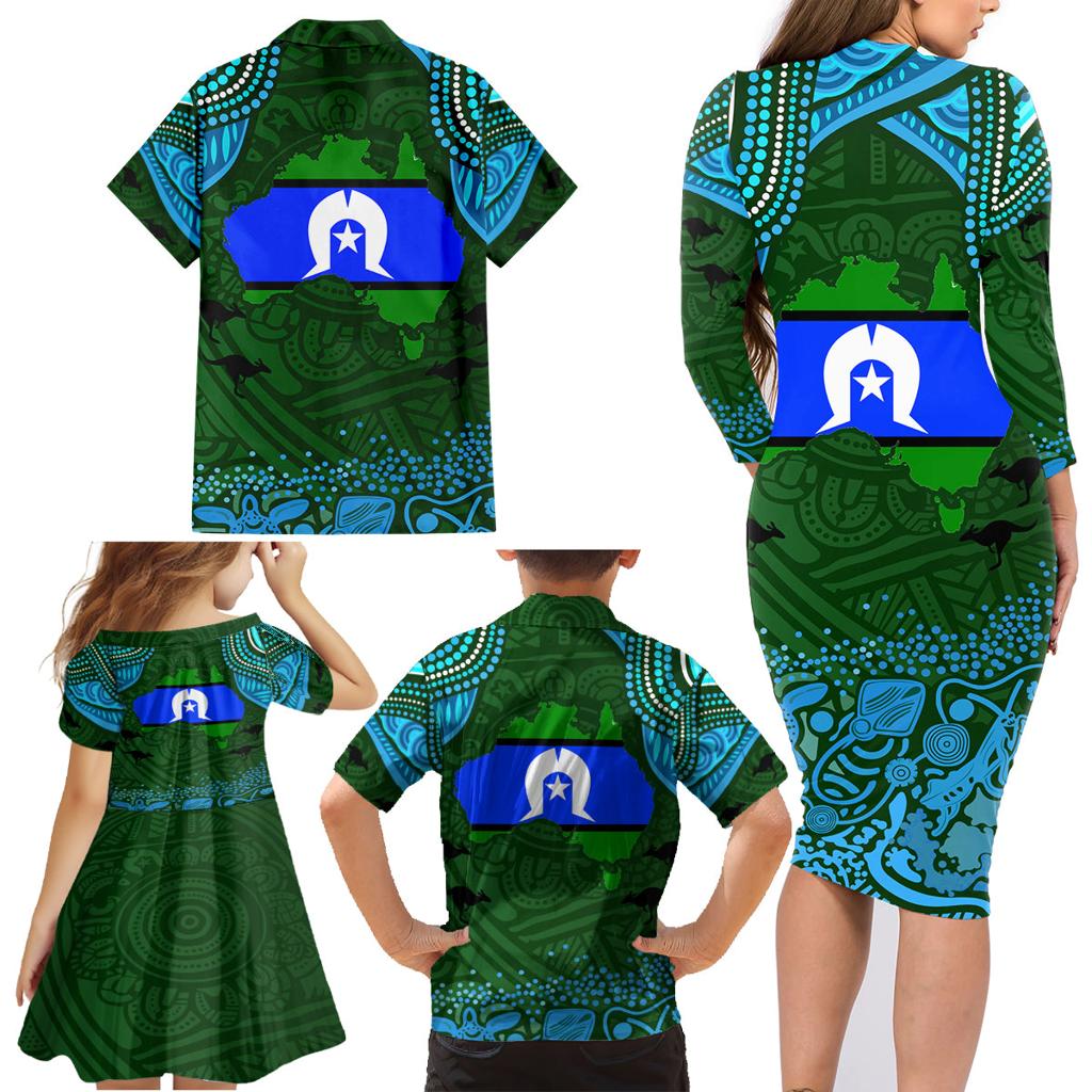Torest Trait Islands Mix Aboriginal Pattern Family Matching Long Sleeve Bodycon Dress and Hawaiian Shirt