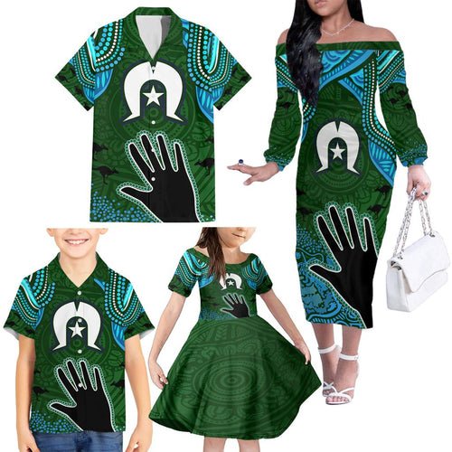 Torest Trait Islands Mix Aboriginal Pattern Family Matching Off Shoulder Long Sleeve Dress and Hawaiian Shirt