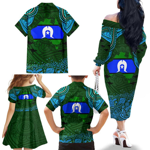 Torest Trait Islands Mix Aboriginal Pattern Family Matching Off Shoulder Long Sleeve Dress and Hawaiian Shirt
