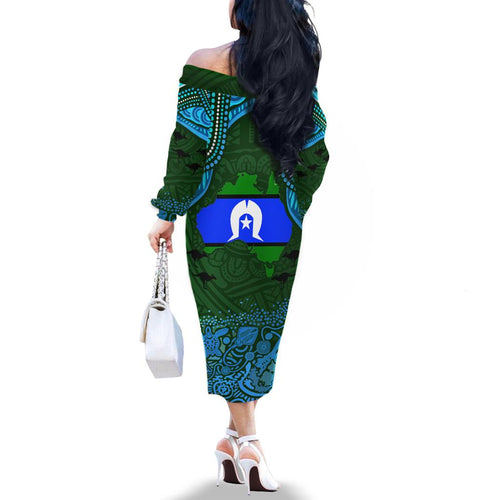Torest Trait Islands Mix Aboriginal Pattern Family Matching Off Shoulder Long Sleeve Dress and Hawaiian Shirt