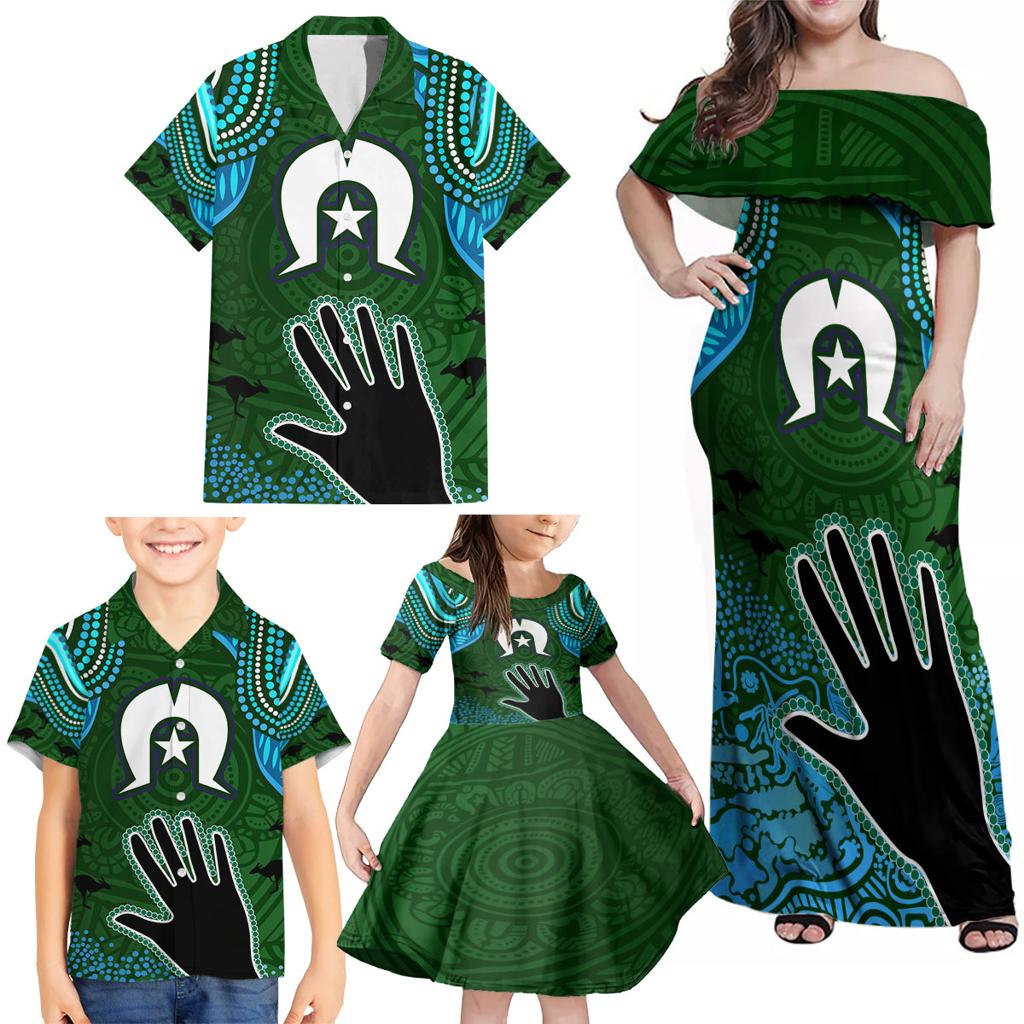 Torest Trait Islands Mix Aboriginal Pattern Family Matching Off Shoulder Maxi Dress and Hawaiian Shirt