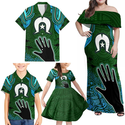 Torest Trait Islands Mix Aboriginal Pattern Family Matching Off Shoulder Maxi Dress and Hawaiian Shirt