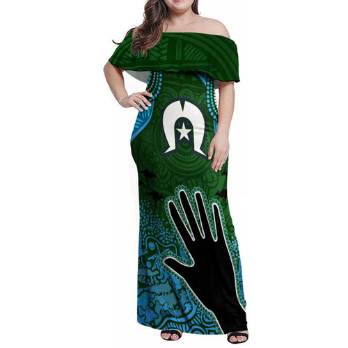 Torest Trait Islands Mix Aboriginal Pattern Family Matching Off Shoulder Maxi Dress and Hawaiian Shirt