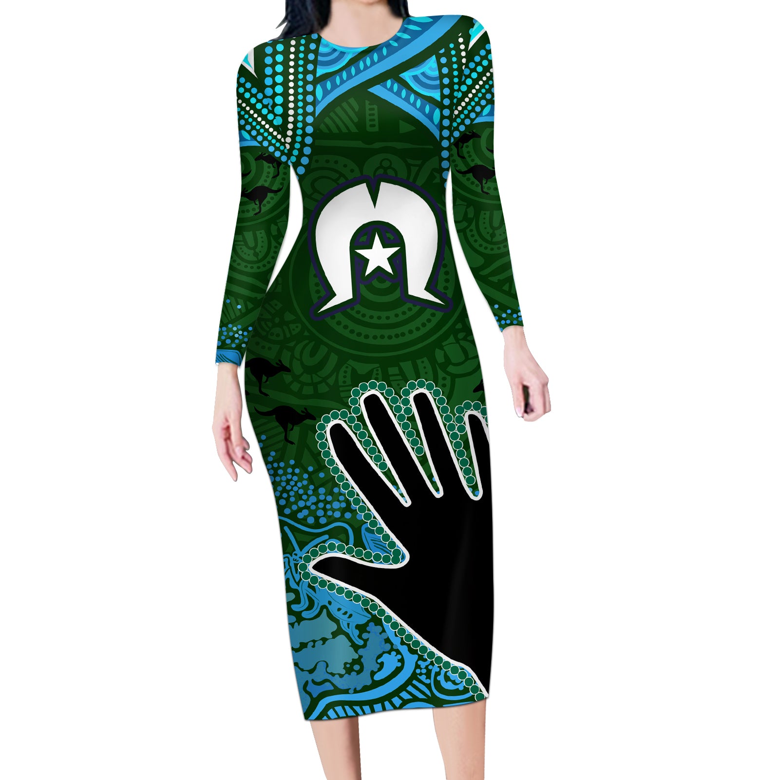 Torest Trait Islands Mix Aboriginal Pattern Long Sleeve Bodycon Dress