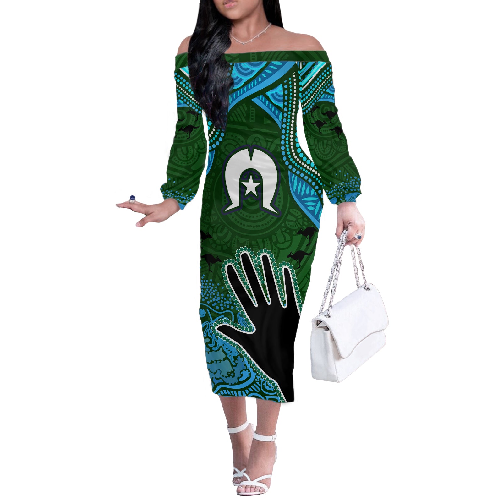 Torest Trait Islands Mix Aboriginal Pattern Off The Shoulder Long Sleeve Dress