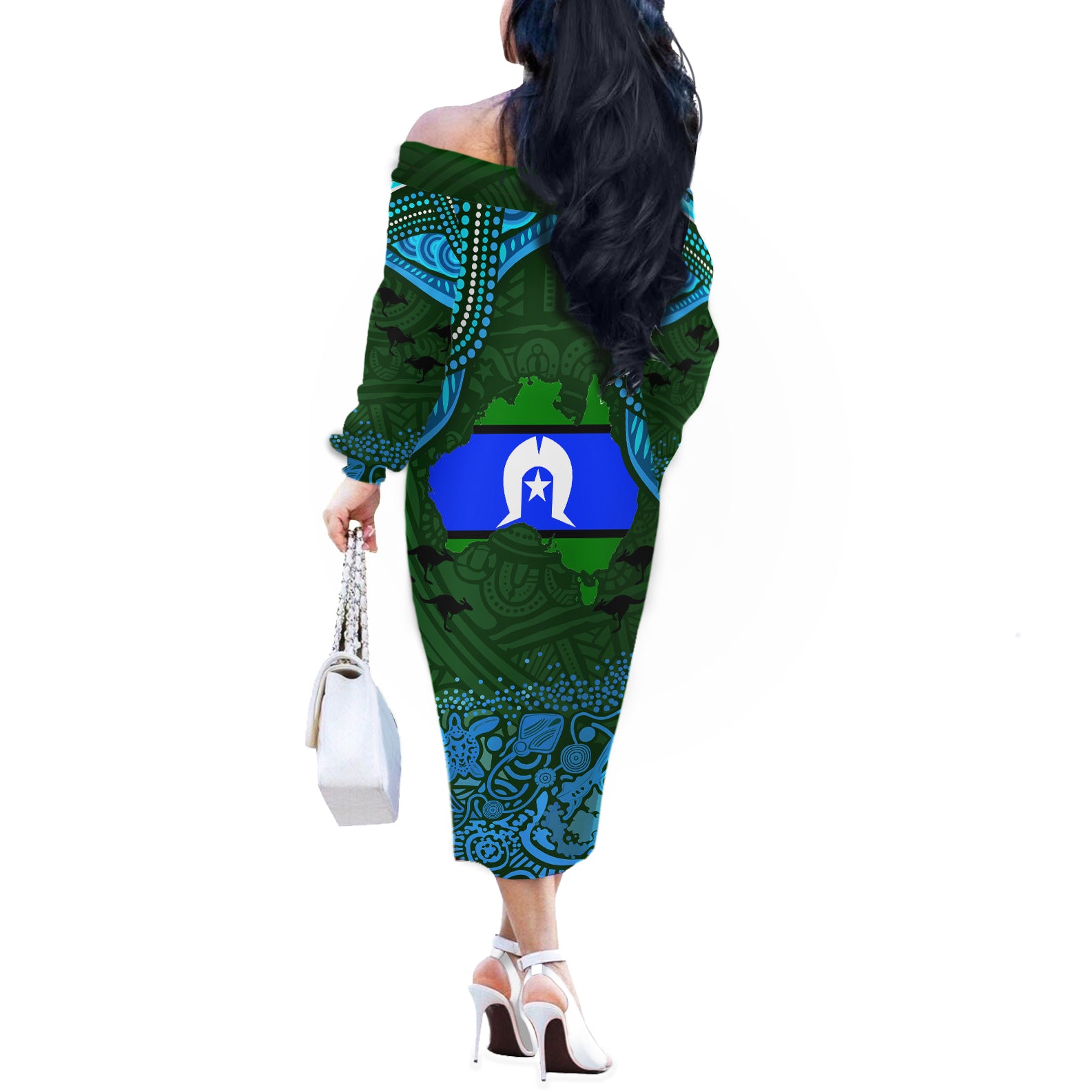 Torest Trait Islands Mix Aboriginal Pattern Off The Shoulder Long Sleeve Dress