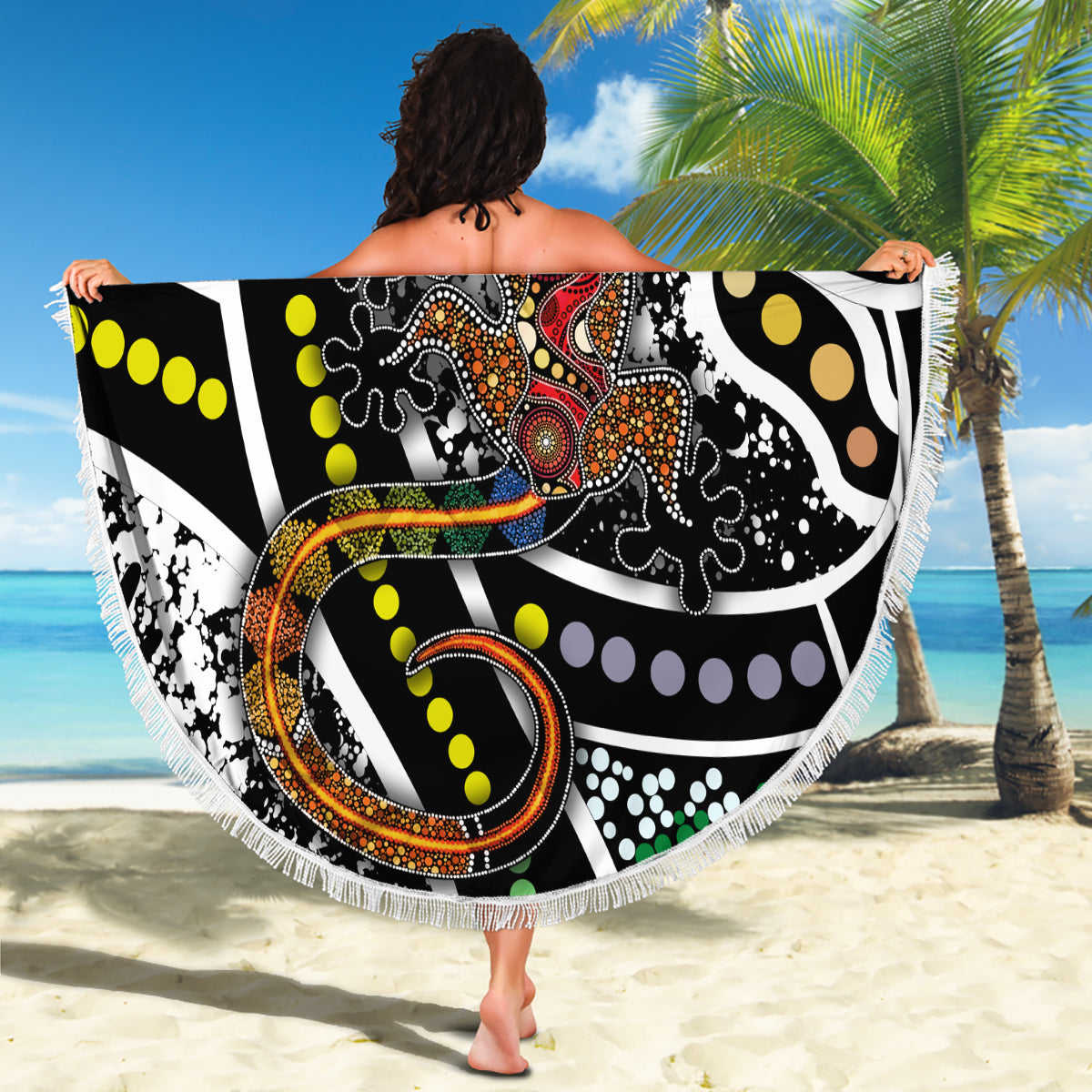 Aboriginal Lizzard Pattern Dot Art Beach Blanket