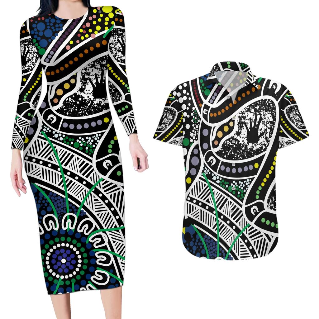 Aboriginal Lizzard Pattern Dot Art Couples Matching Long Sleeve Bodycon Dress and Hawaiian Shirt