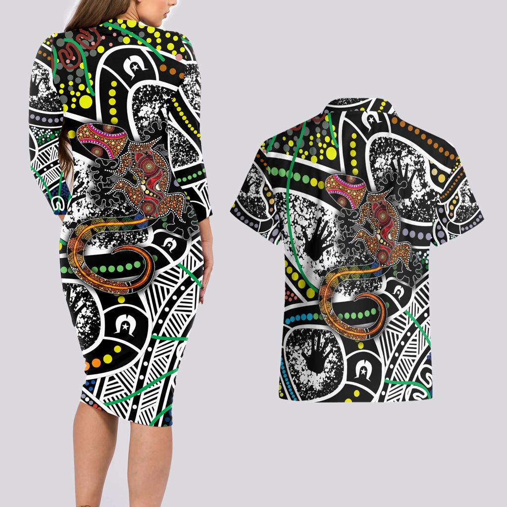 Aboriginal Lizzard Pattern Dot Art Couples Matching Long Sleeve Bodycon Dress and Hawaiian Shirt