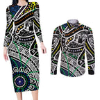 Aboriginal Lizzard Pattern Dot Art Couples Matching Long Sleeve Bodycon Dress and Long Sleeve Button Shirt