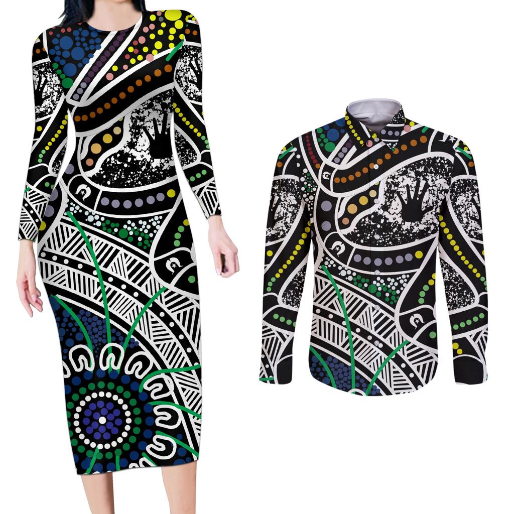 Aboriginal Lizzard Pattern Dot Art Couples Matching Long Sleeve Bodycon Dress and Long Sleeve Button Shirt