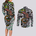 Aboriginal Lizzard Pattern Dot Art Couples Matching Long Sleeve Bodycon Dress and Long Sleeve Button Shirt