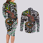 Aboriginal Lizzard Pattern Dot Art Couples Matching Long Sleeve Bodycon Dress and Long Sleeve Button Shirt