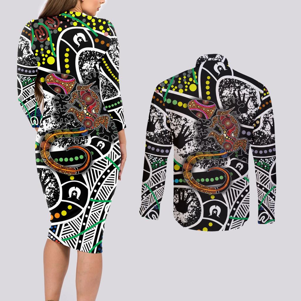 Aboriginal Lizzard Pattern Dot Art Couples Matching Long Sleeve Bodycon Dress and Long Sleeve Button Shirt