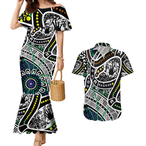 Aboriginal Lizzard Pattern Dot Art Couples Matching Mermaid Dress and Hawaiian Shirt