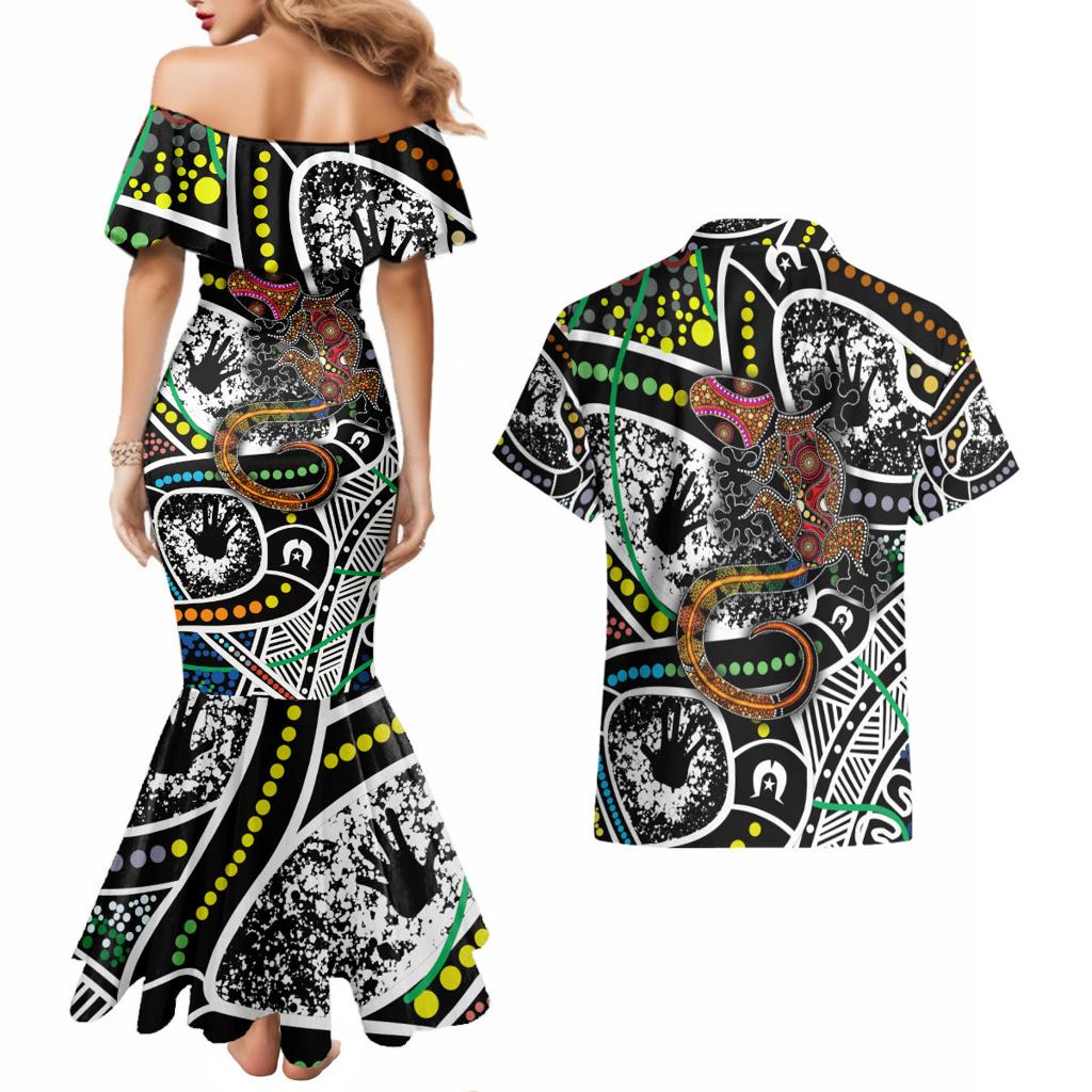 Aboriginal Lizzard Pattern Dot Art Couples Matching Mermaid Dress and Hawaiian Shirt