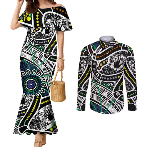 Aboriginal Lizzard Pattern Dot Art Couples Matching Mermaid Dress and Long Sleeve Button Shirt