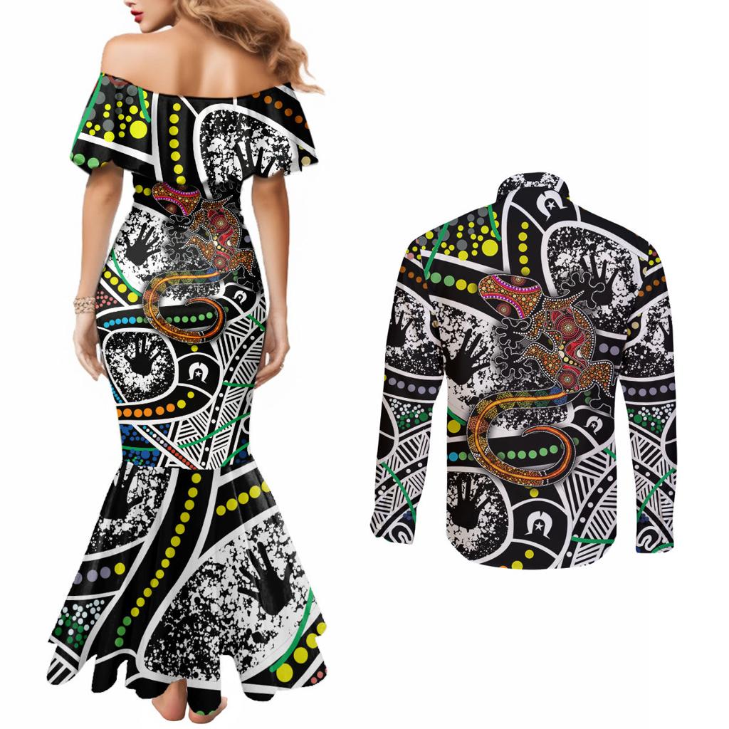 Aboriginal Lizzard Pattern Dot Art Couples Matching Mermaid Dress and Long Sleeve Button Shirt