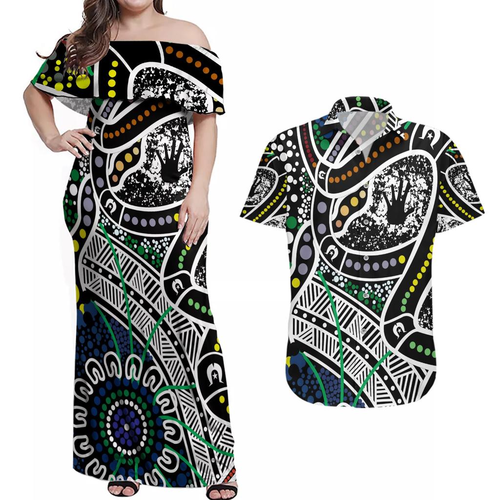 Aboriginal Lizzard Pattern Dot Art Couples Matching Off Shoulder Maxi Dress and Hawaiian Shirt