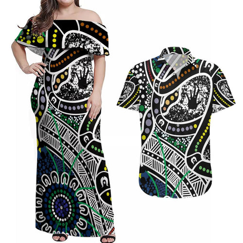 Aboriginal Lizzard Pattern Dot Art Couples Matching Off Shoulder Maxi Dress and Hawaiian Shirt