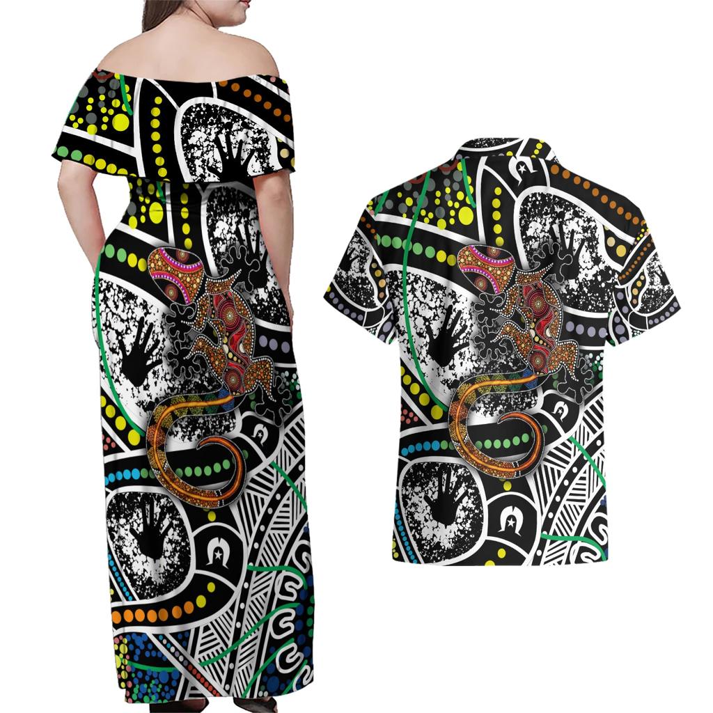 Aboriginal Lizzard Pattern Dot Art Couples Matching Off Shoulder Maxi Dress and Hawaiian Shirt
