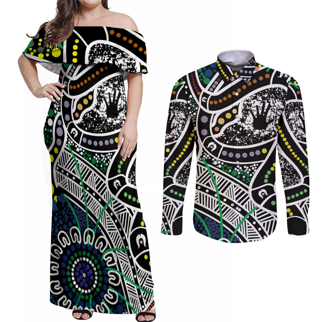 Aboriginal Lizzard Pattern Dot Art Couples Matching Off Shoulder Maxi Dress and Long Sleeve Button Shirt