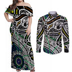 Aboriginal Lizzard Pattern Dot Art Couples Matching Off Shoulder Maxi Dress and Long Sleeve Button Shirt