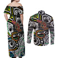 Aboriginal Lizzard Pattern Dot Art Couples Matching Off Shoulder Maxi Dress and Long Sleeve Button Shirt