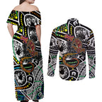 Aboriginal Lizzard Pattern Dot Art Couples Matching Off Shoulder Maxi Dress and Long Sleeve Button Shirt