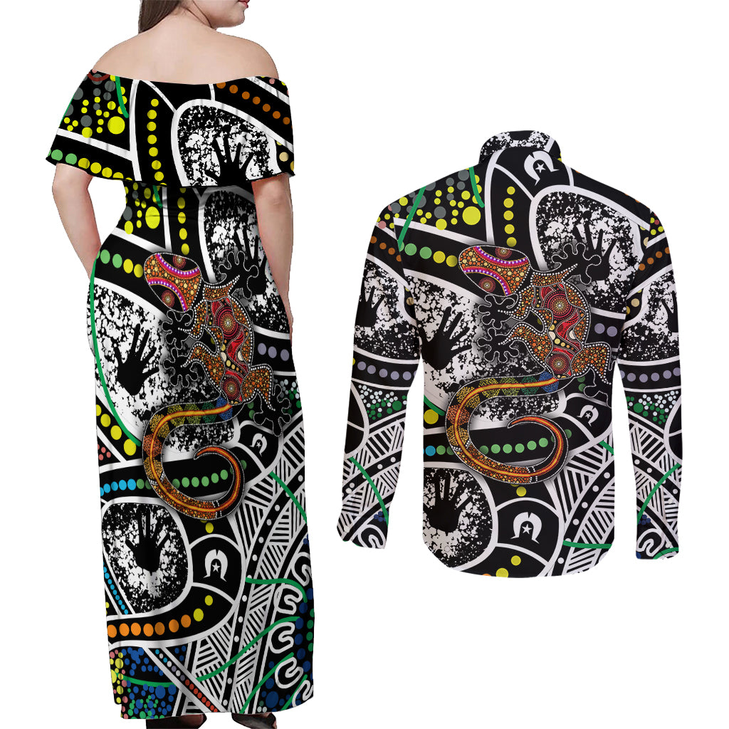 Aboriginal Lizzard Pattern Dot Art Couples Matching Off Shoulder Maxi Dress and Long Sleeve Button Shirt