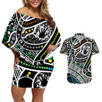 Aboriginal Lizzard Pattern Dot Art Couples Matching Off Shoulder Short Dress and Hawaiian Shirt