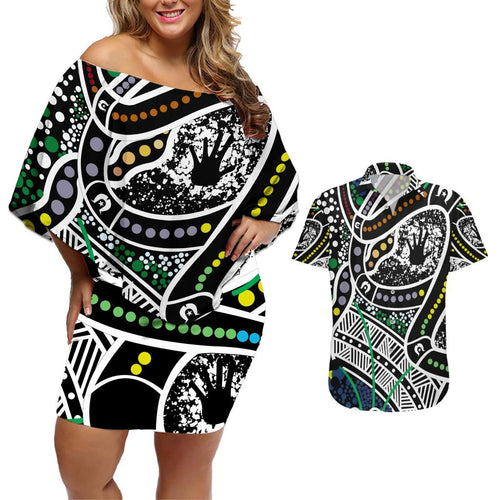 Aboriginal Lizzard Pattern Dot Art Couples Matching Off Shoulder Short Dress and Hawaiian Shirt