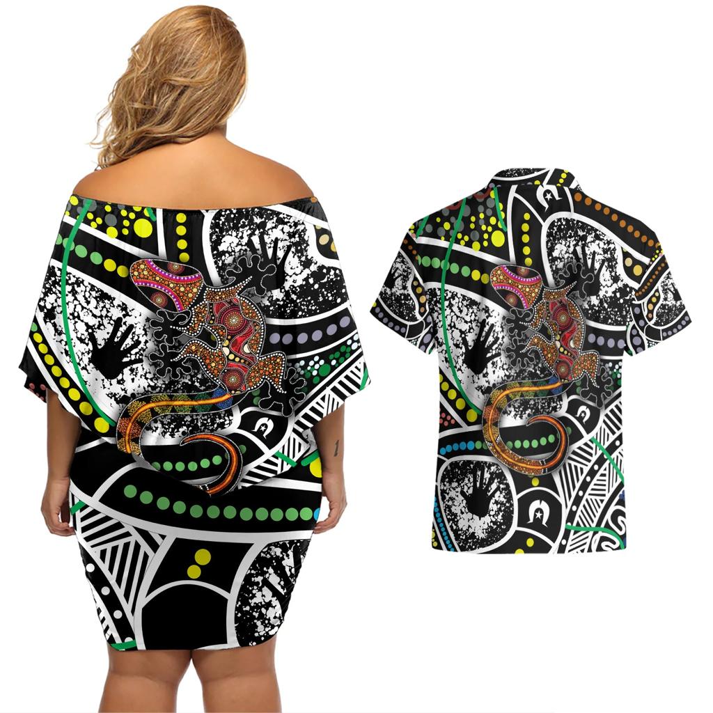 Aboriginal Lizzard Pattern Dot Art Couples Matching Off Shoulder Short Dress and Hawaiian Shirt