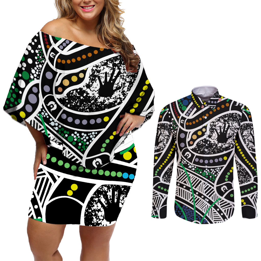 Aboriginal Lizzard Pattern Dot Art Couples Matching Off Shoulder Short Dress and Long Sleeve Button Shirt