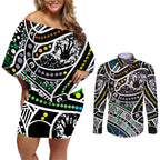 Aboriginal Lizzard Pattern Dot Art Couples Matching Off Shoulder Short Dress and Long Sleeve Button Shirt