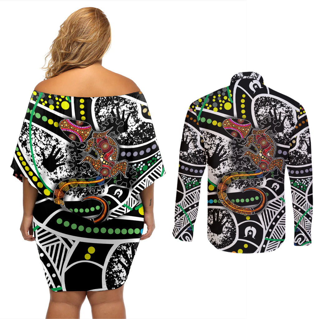 Aboriginal Lizzard Pattern Dot Art Couples Matching Off Shoulder Short Dress and Long Sleeve Button Shirt