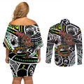 Aboriginal Lizzard Pattern Dot Art Couples Matching Off Shoulder Short Dress and Long Sleeve Button Shirt
