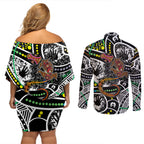 Aboriginal Lizzard Pattern Dot Art Couples Matching Off Shoulder Short Dress and Long Sleeve Button Shirt