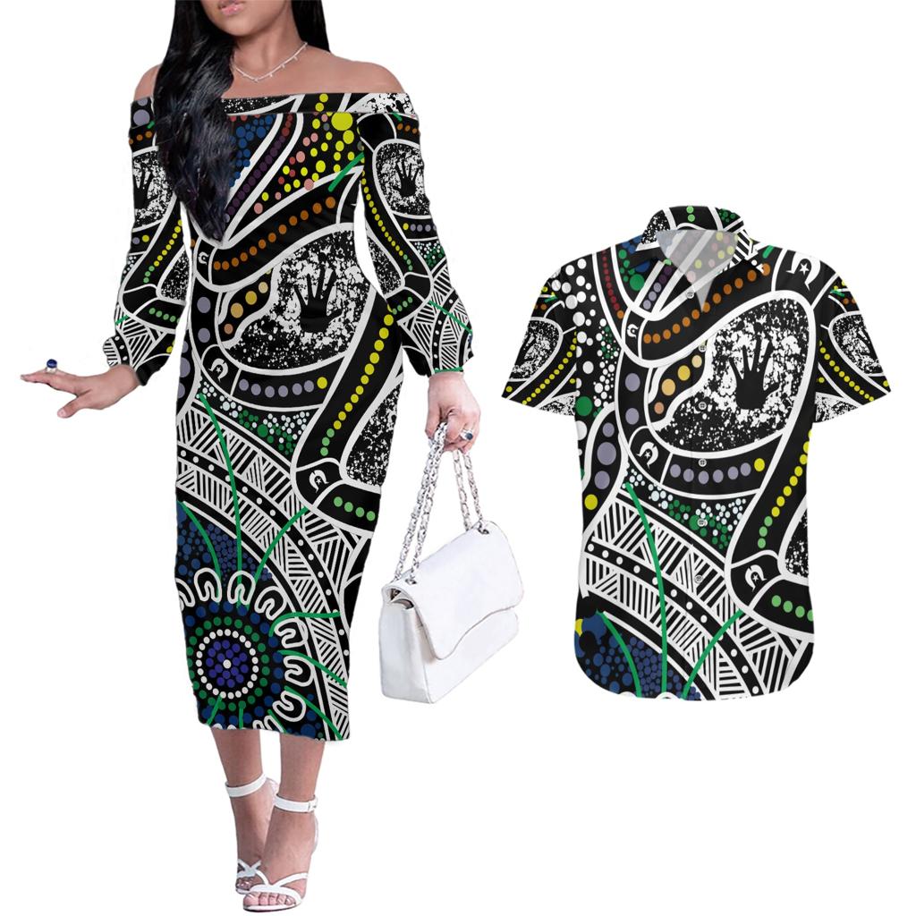 Aboriginal Lizzard Pattern Dot Art Couples Matching Off The Shoulder Long Sleeve Dress and Hawaiian Shirt